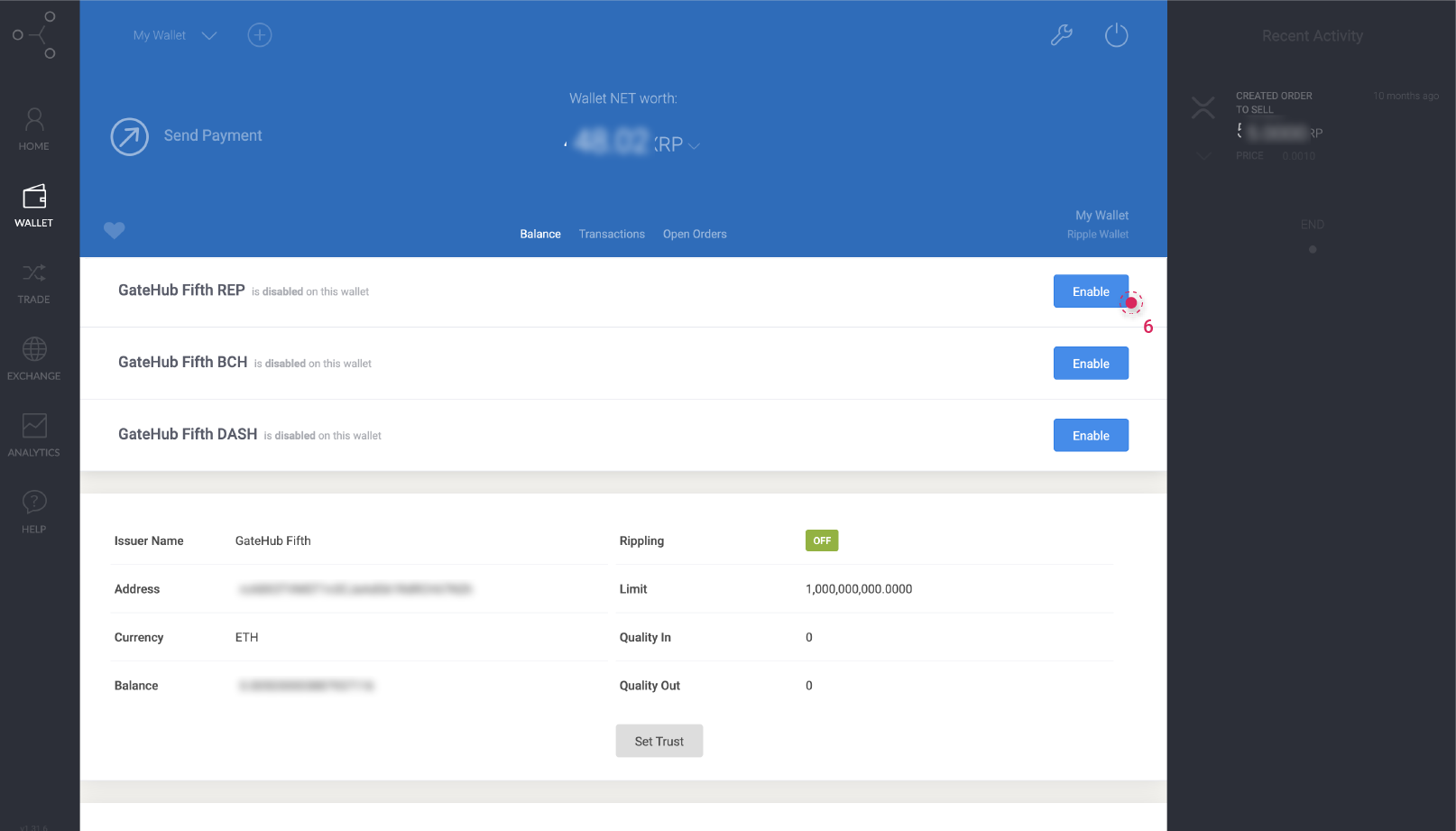 gatehub wallet disabled enable trust lines